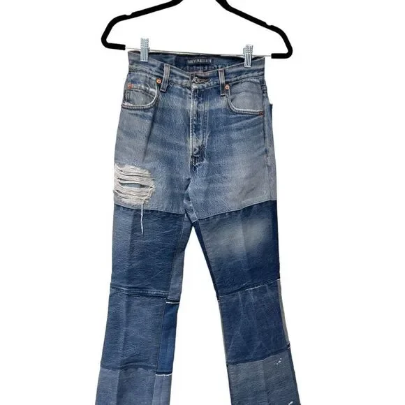 Free People Breyer And Eliot Distressed Patchwork Flare Jeans Blue Size 23